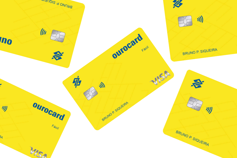 cartões de crédito banco do Brasil distribuídos em fundo branco.